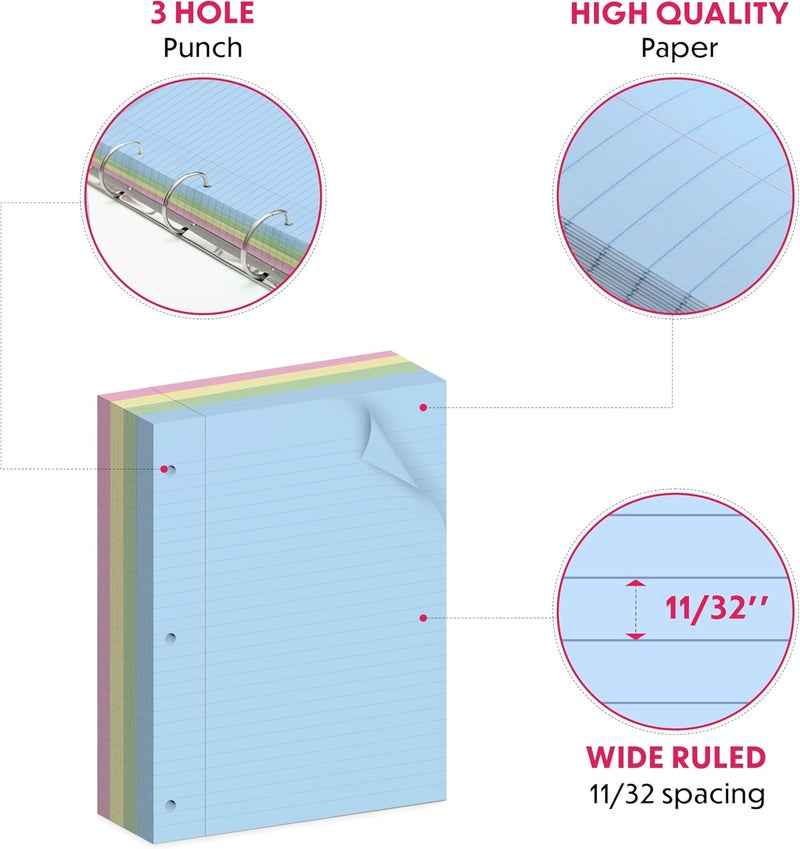 Alitte Colored Loose Leaf Paper, Wide Ruled, 400 Sheets (100/Pack) Filler Paper for Writing Notes - School, College, Office - 3 Hole-Punch Lined Sheets for Ring Binders, Pocket Folders - 8 x 10.5 - Image 2